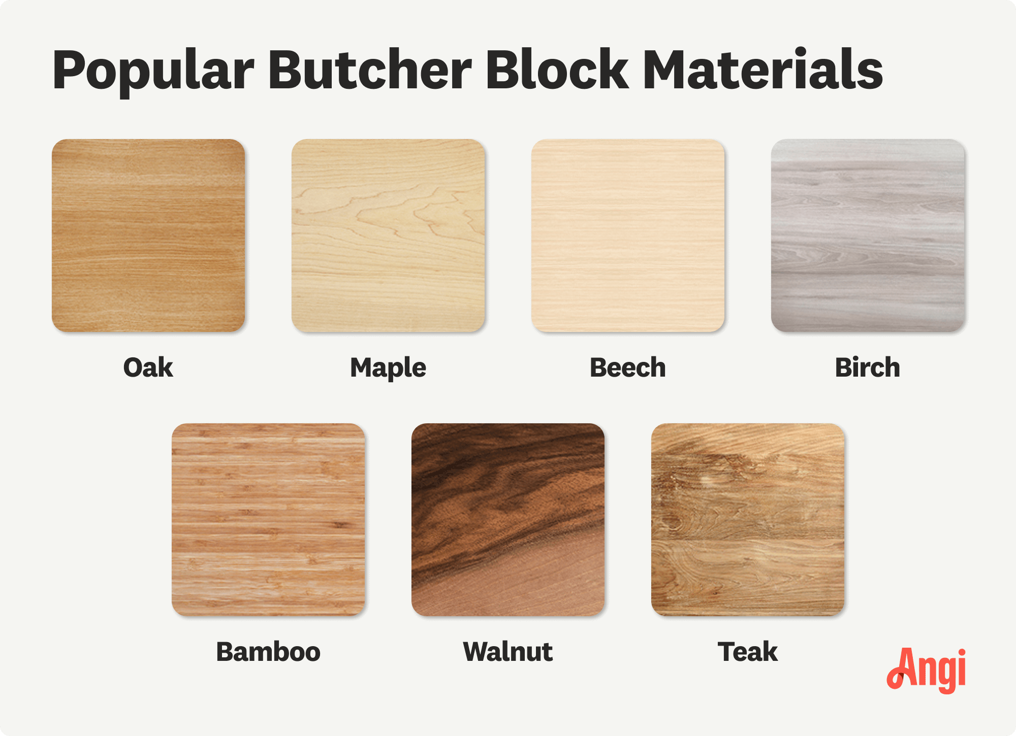 7 popular butcher block material types compared visually, including maple, beech, and birch