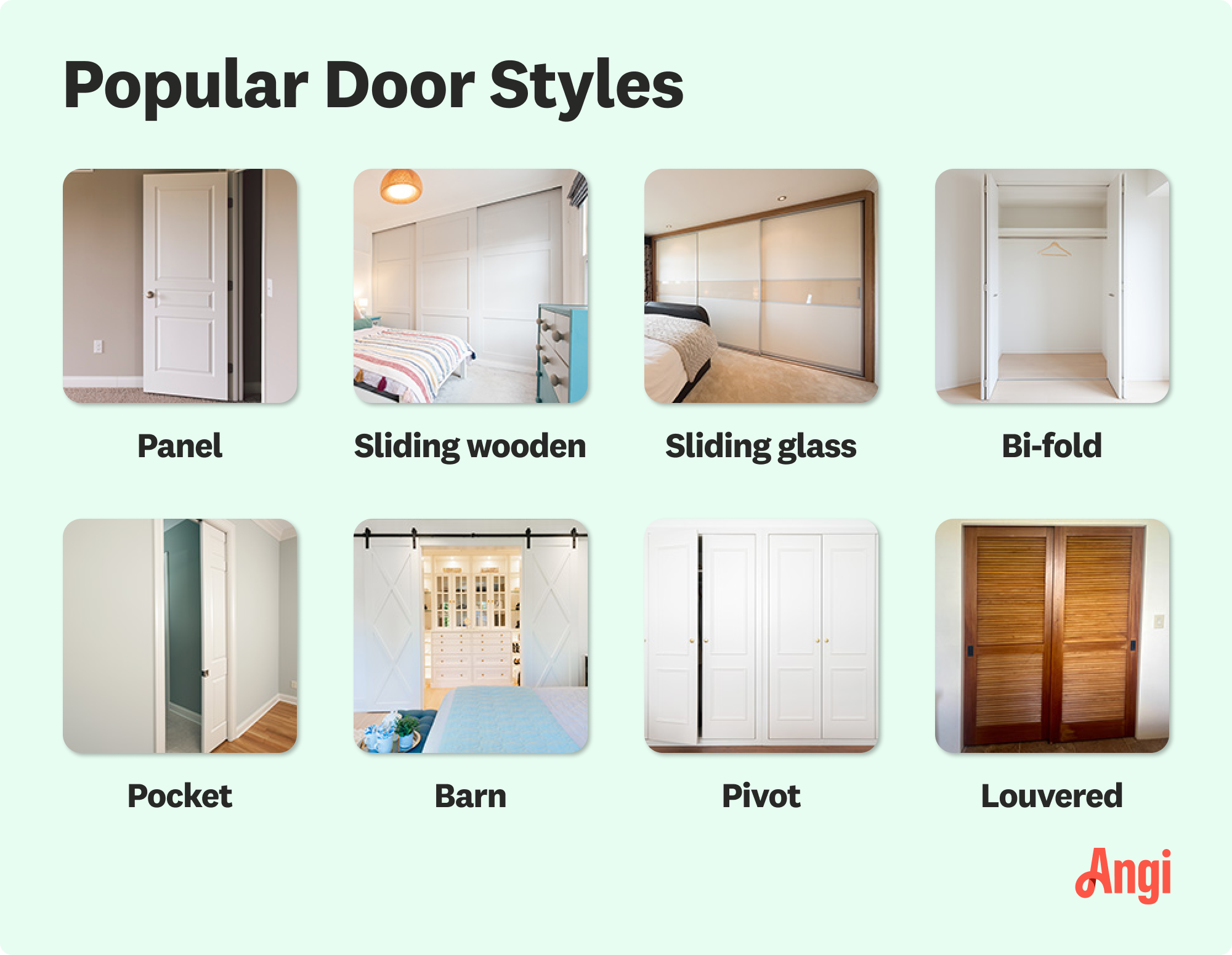 8 popular door styles compared visually, including panel, bi-fold, barn, and louvered Photo credit: 