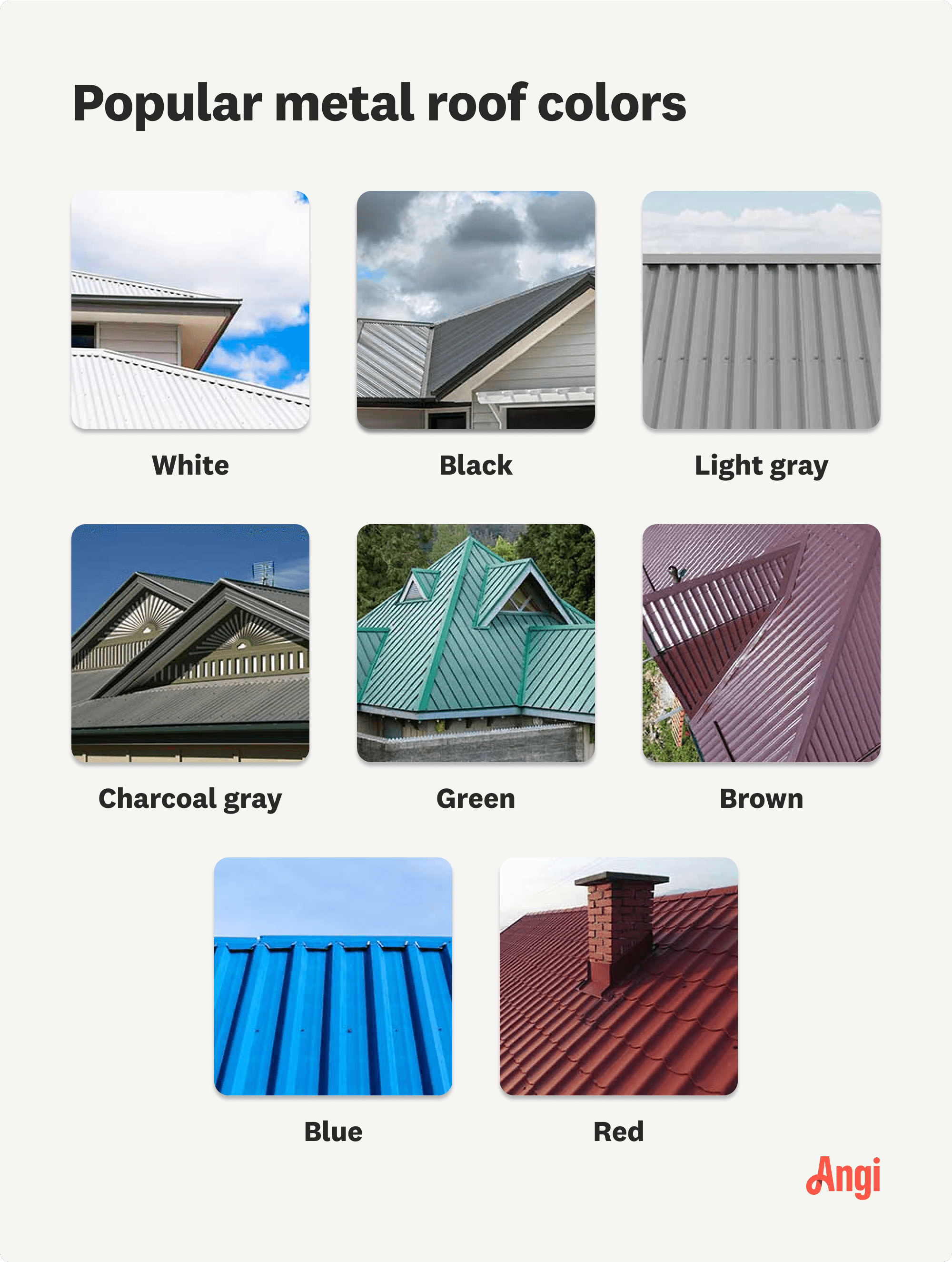 8 popular metal roof colors compared visually, including black, red, and green