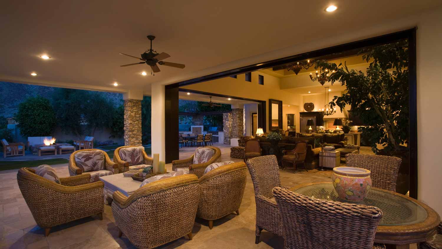 A spacious porch with outdoor lights