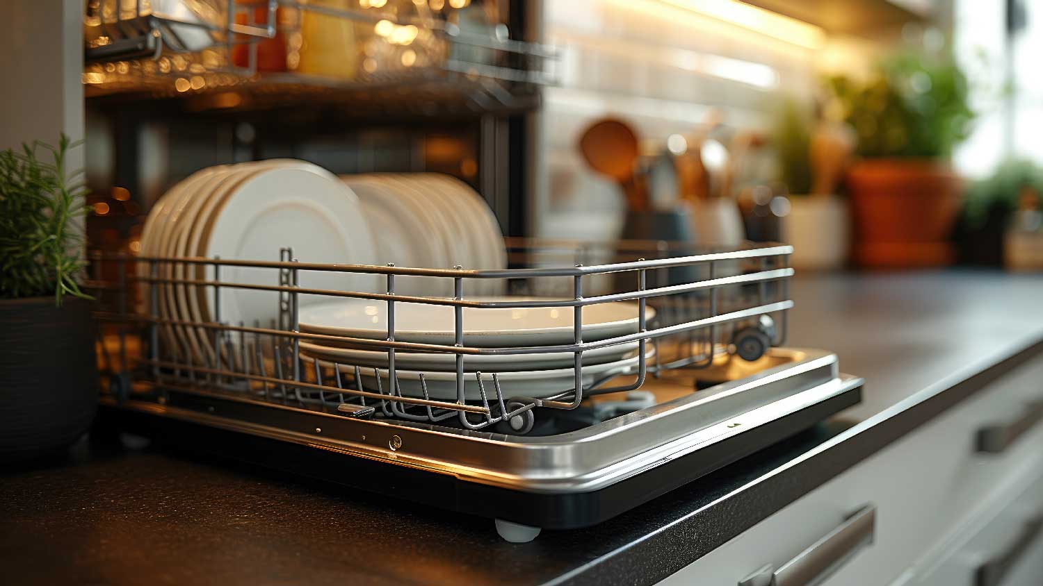 A portable dishwasher on a kitchen countertop