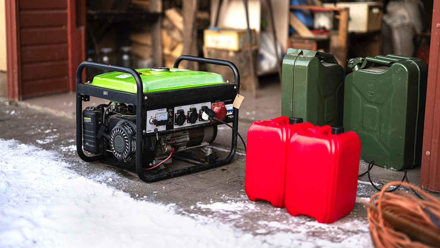 Portable generator and gasoline cans sitting in the garage