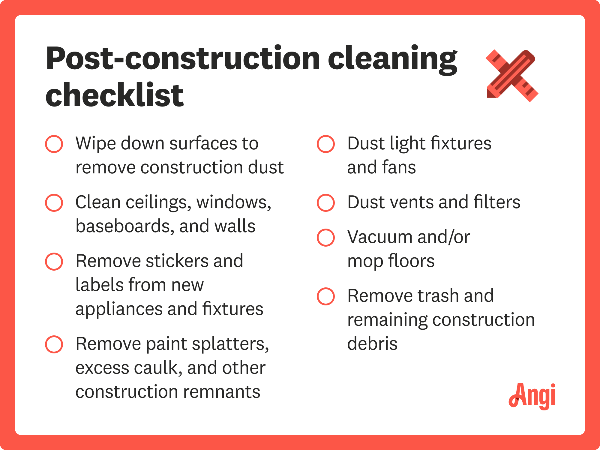 Post-construction cleaning checklist, including dusting light fixtures and fans