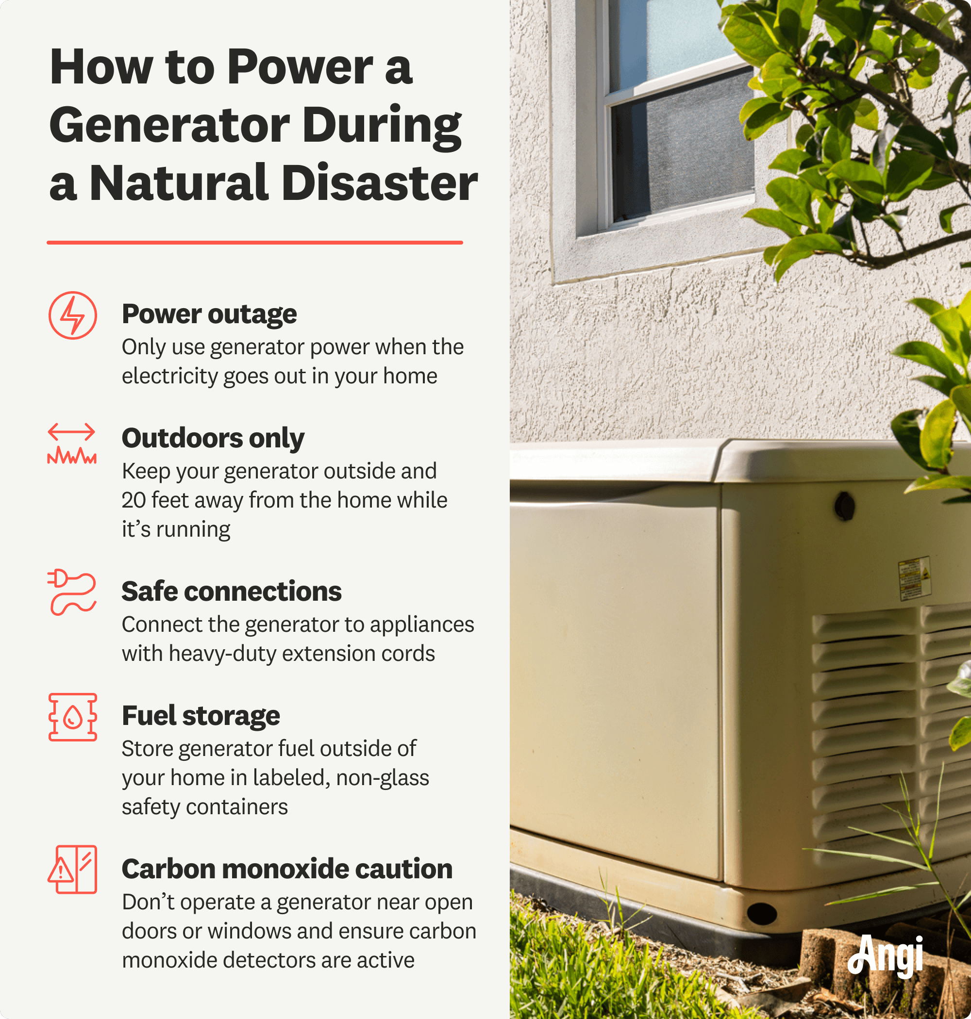 5 tips for powering a generator during a natural disaster, including keeping your generator outside and 20 feet away from the home while it’s running