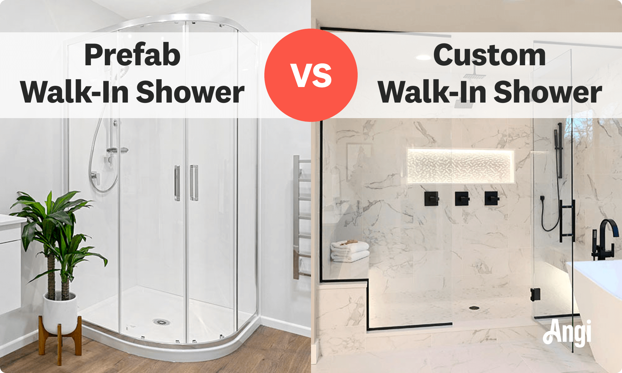 Prefab versus custom walk-in shower compared visually