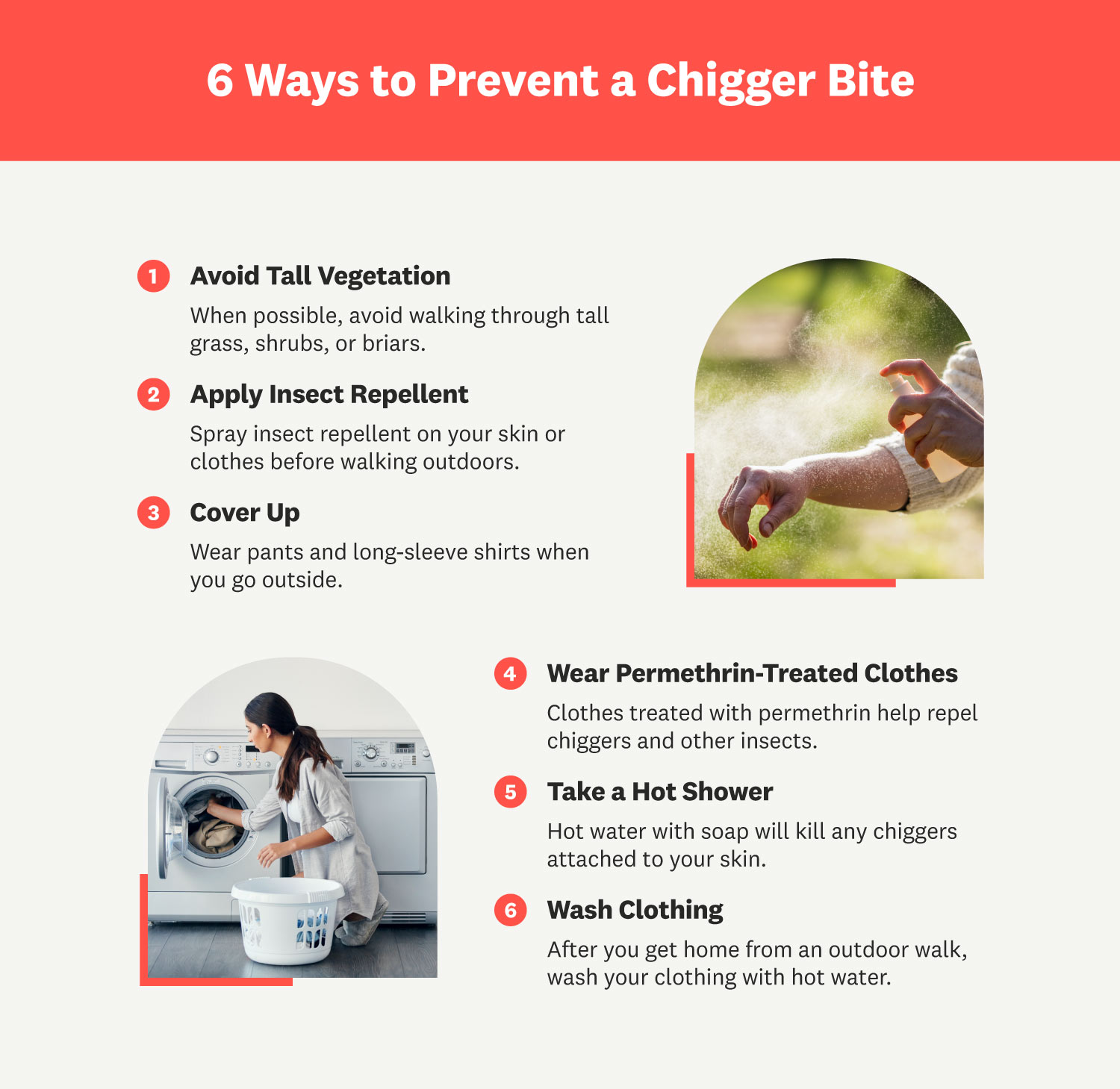 woman applying bug spray to arm and hand, woman loading front washer machine