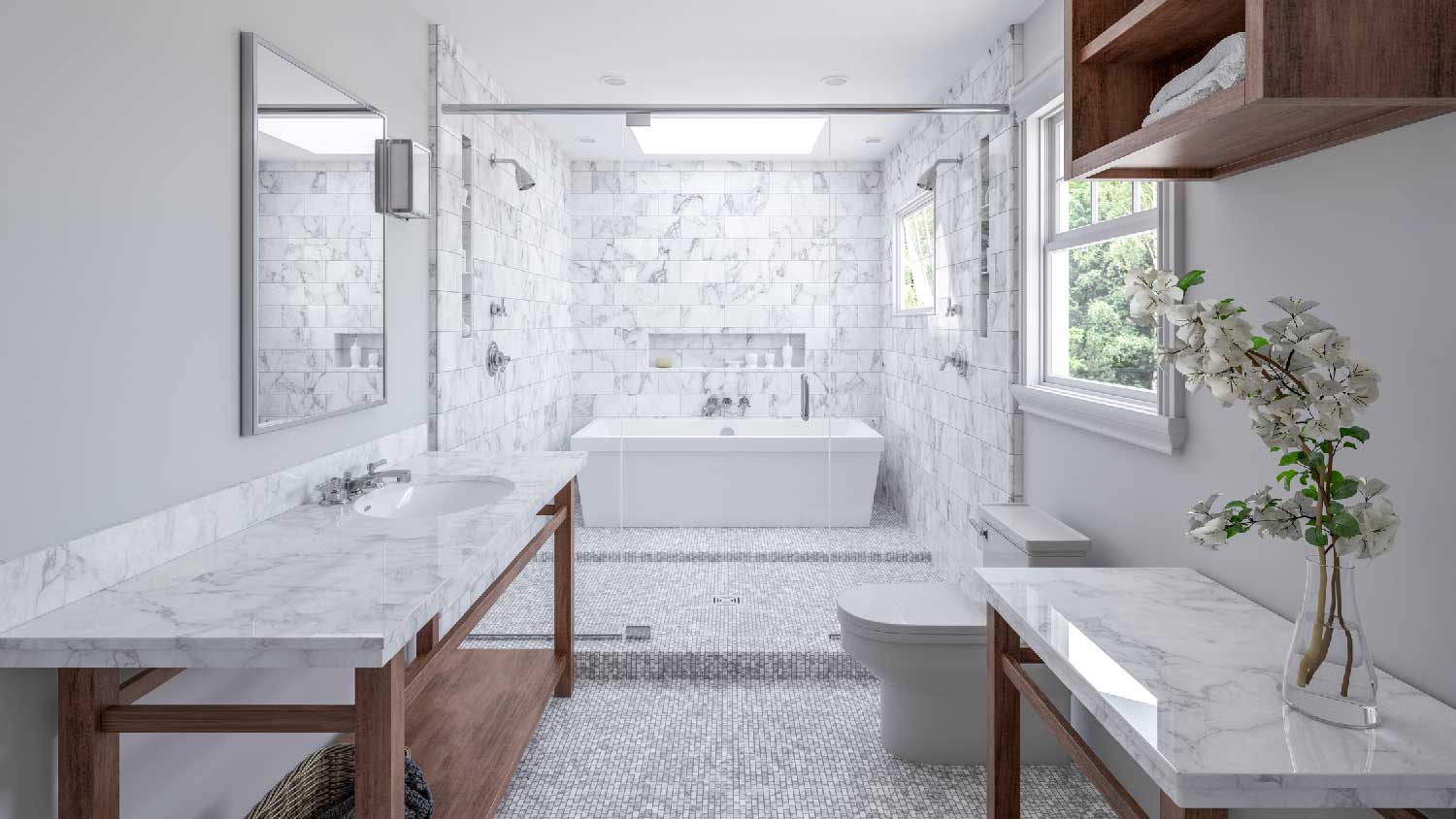 A primary bathroom with a shower 