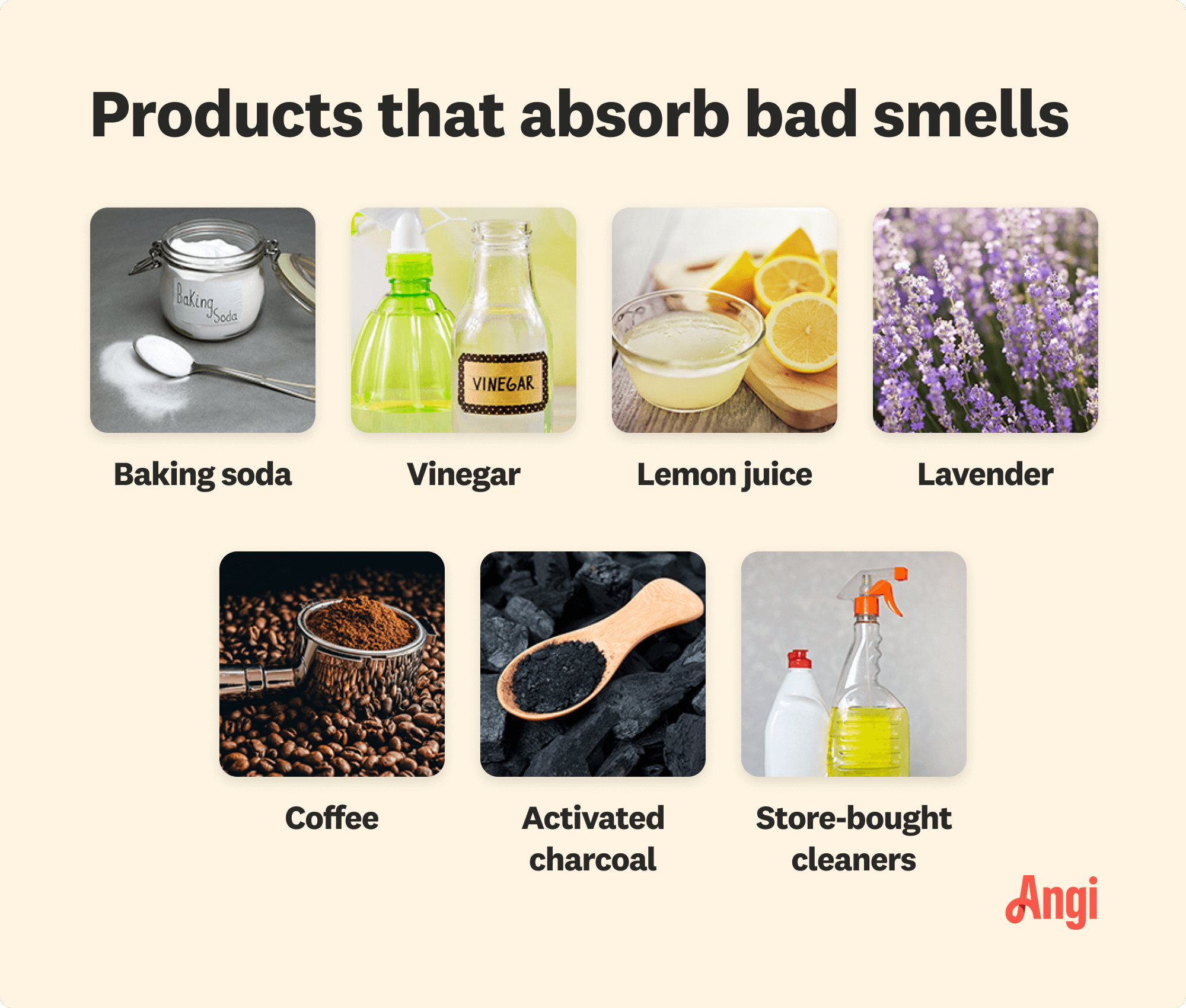 7 products that absorb bad smells compared visually, including baking soda, vinegar, and lemon juice