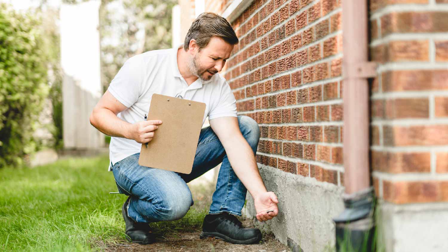 A professional inspecting the foundation of a brick house