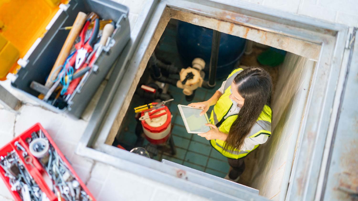A professional inspecting a house’s plumbing