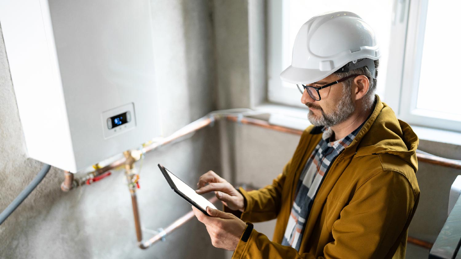 A professional inspecting a water heater