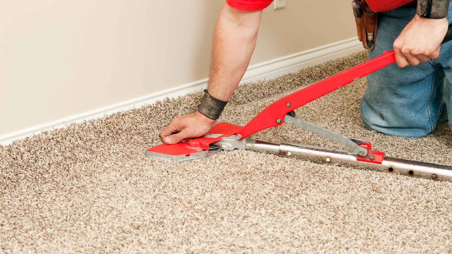 A professional installing a new carpet