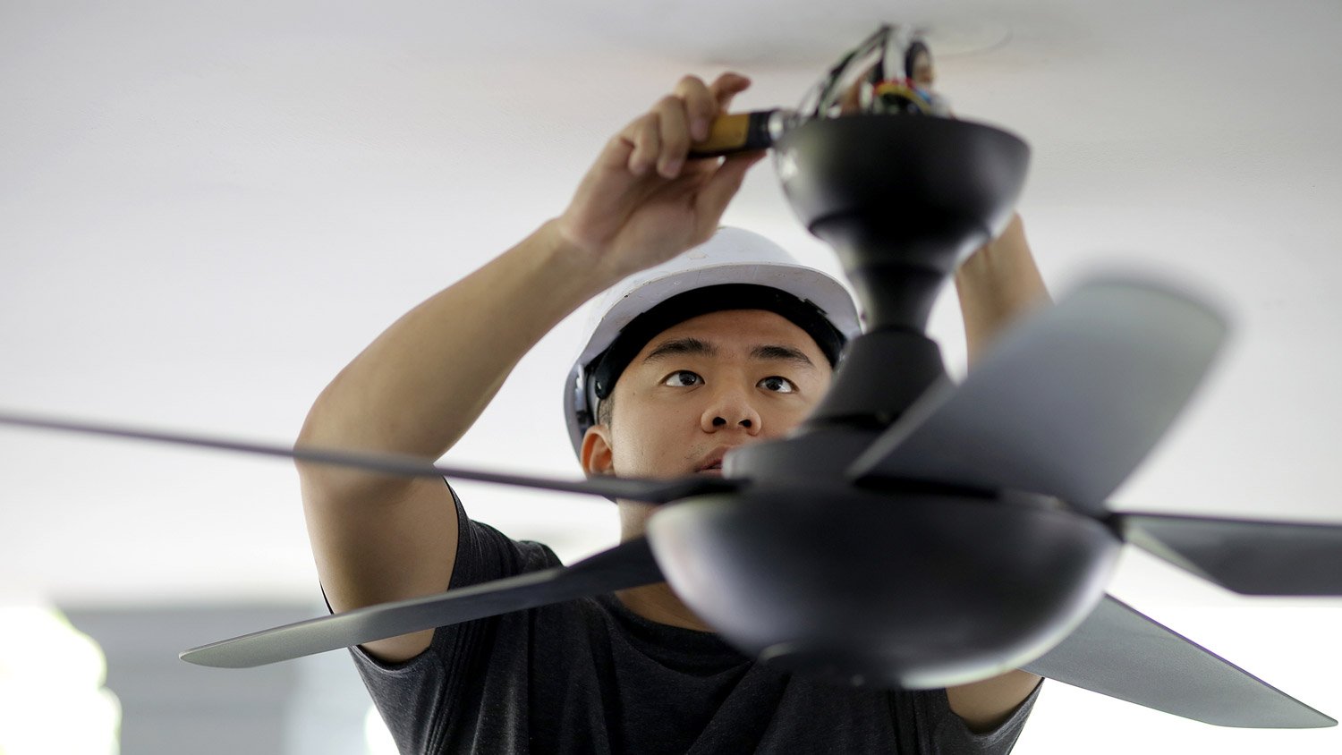 A professional repairing a ceiling fan