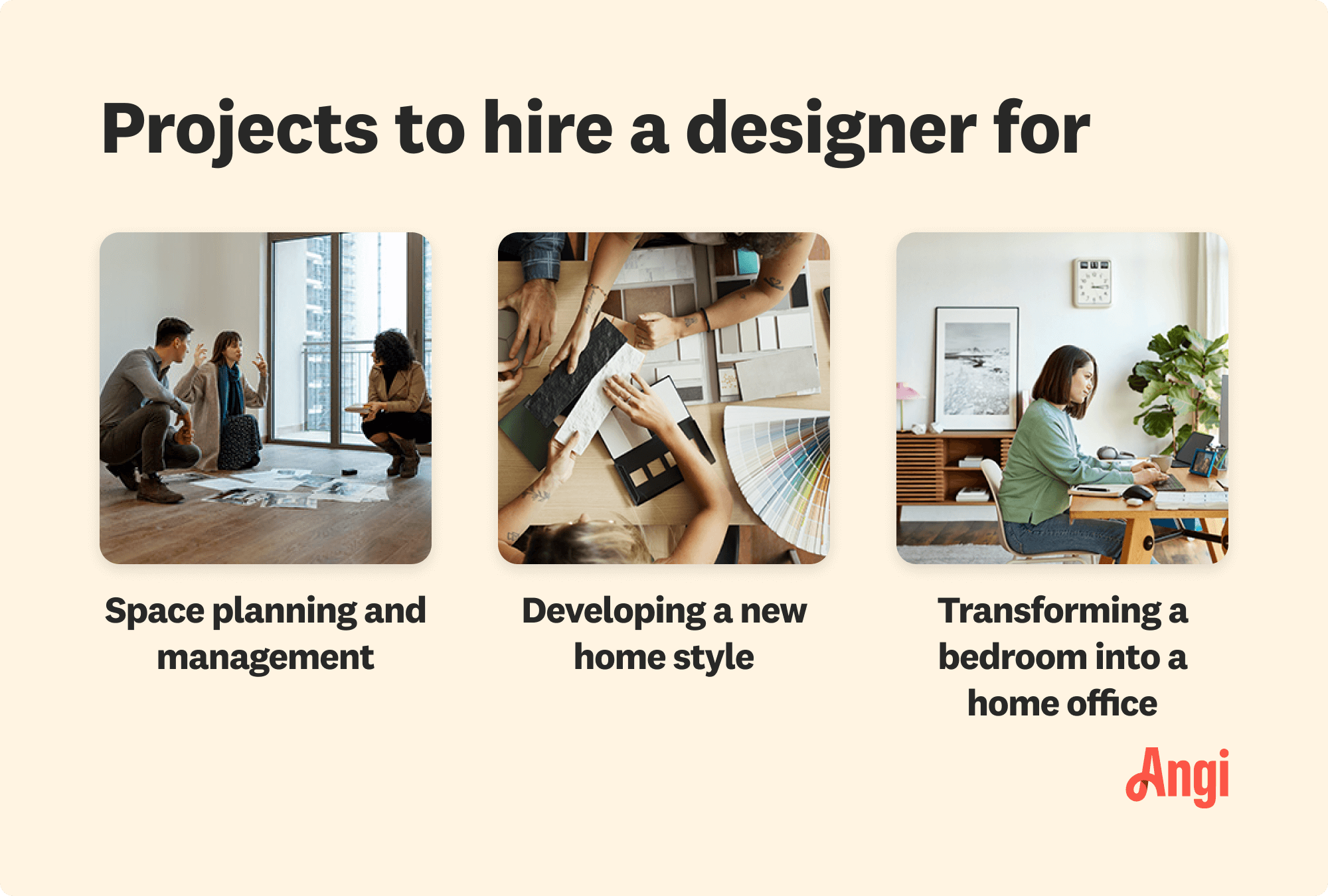 3 projects to hire a designer for compared visually, including space planning and management and developing a new home style