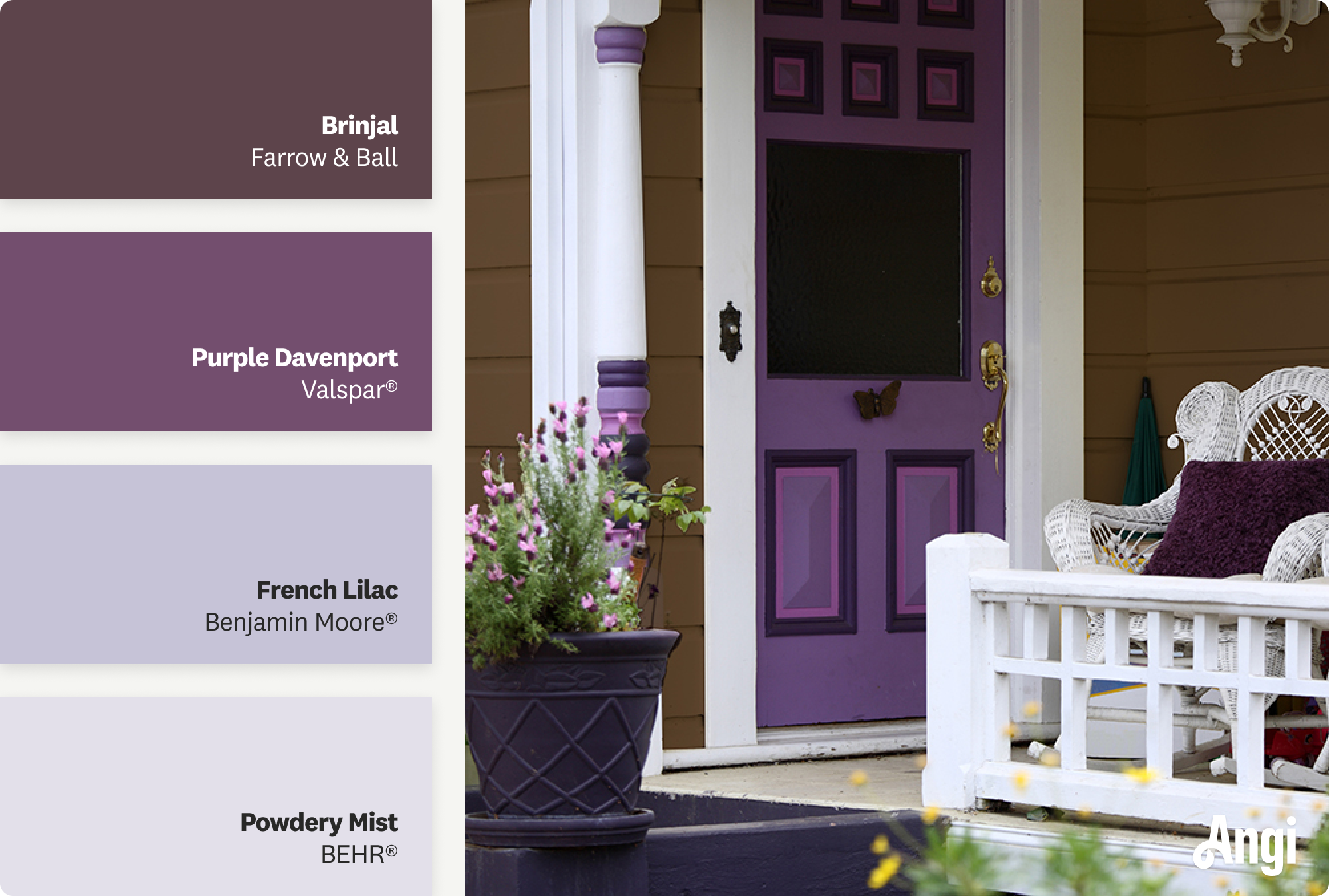 Dark brown house with purple trim, including different tones of purple paint