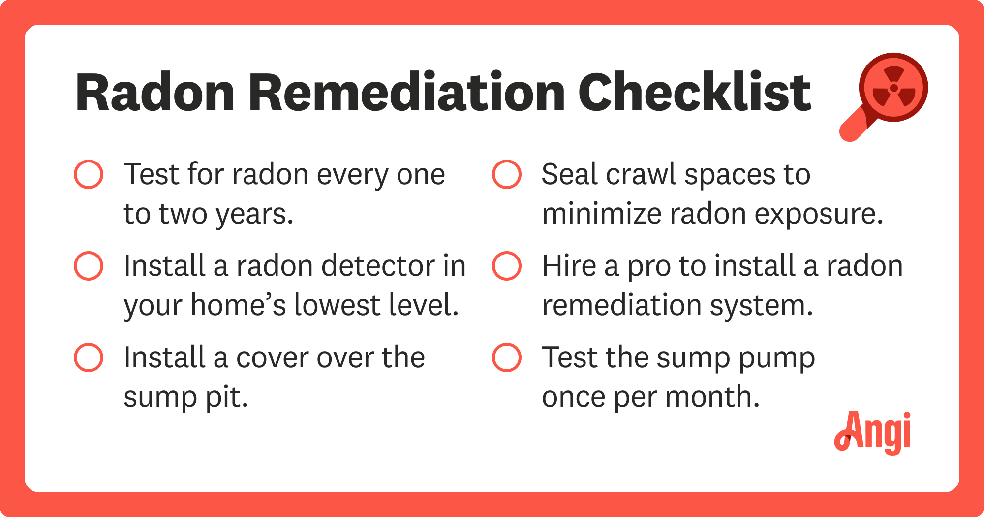 Radon remediation checklist, including testing for radon every one to two years and installing a cover over the sump pit