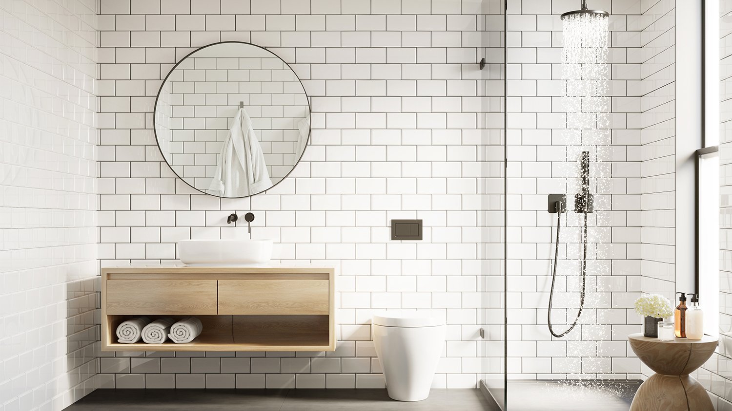 rainfall shower in white tile bathroom