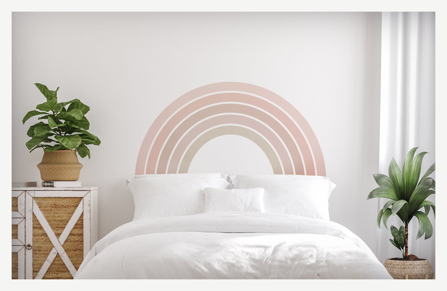 pink arch wall mural above bed