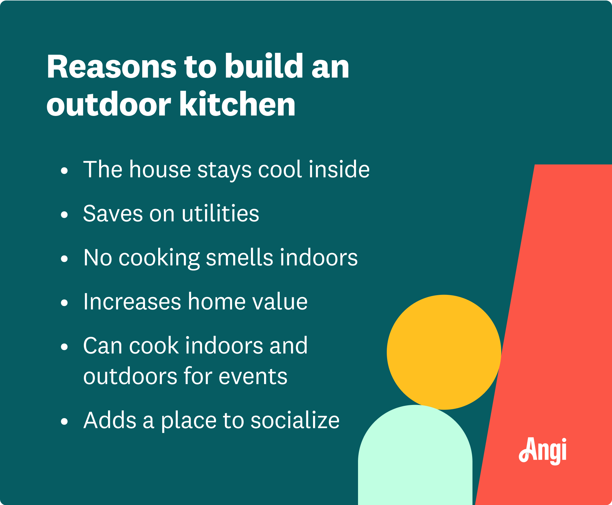 6 reasons to build an outdoor kitchen, including saving on utilities, increasing home value, and adding a place to socialize