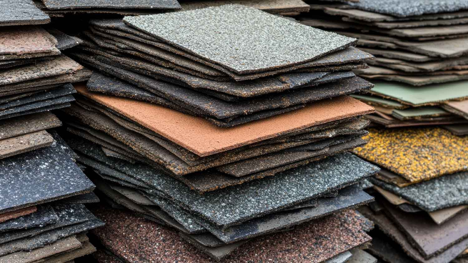 A stack of recycled composite shingles