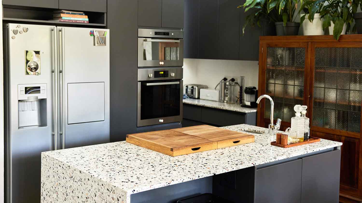 Recycled glass countertop installed in a modern kitchen