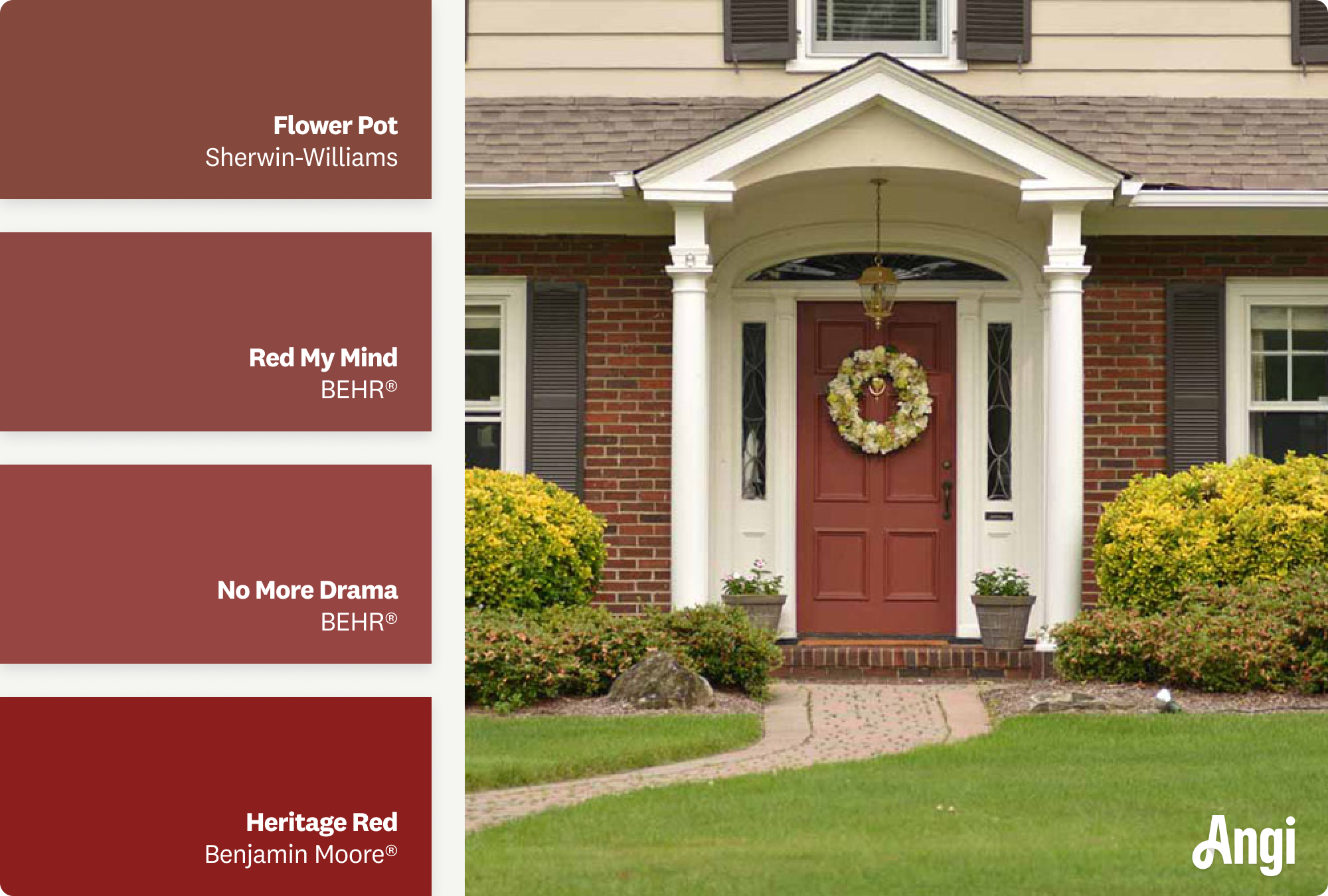 Red front door, including different tones of red paint