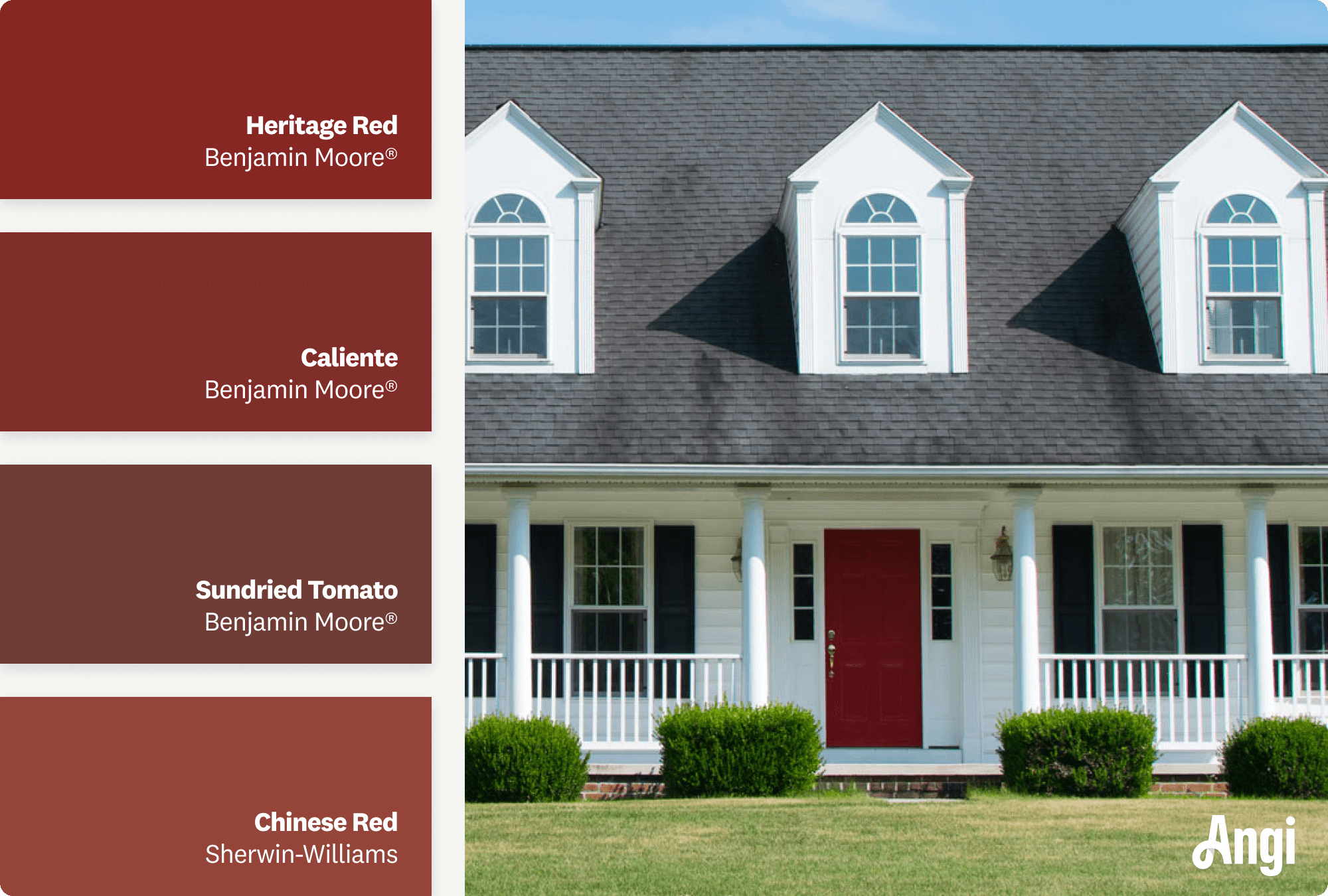 White house with red front door, including different tones of red paint