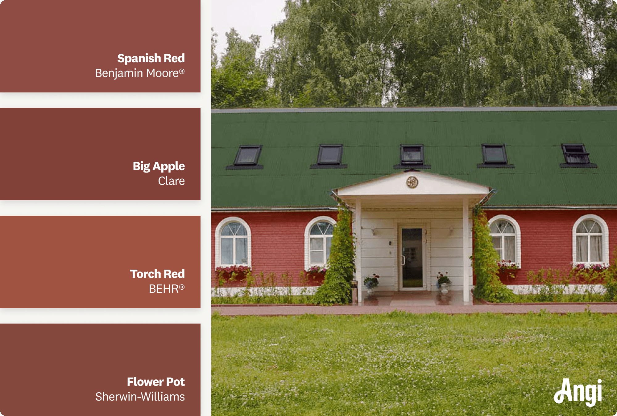 Red house with green roof, including different tones of red paint