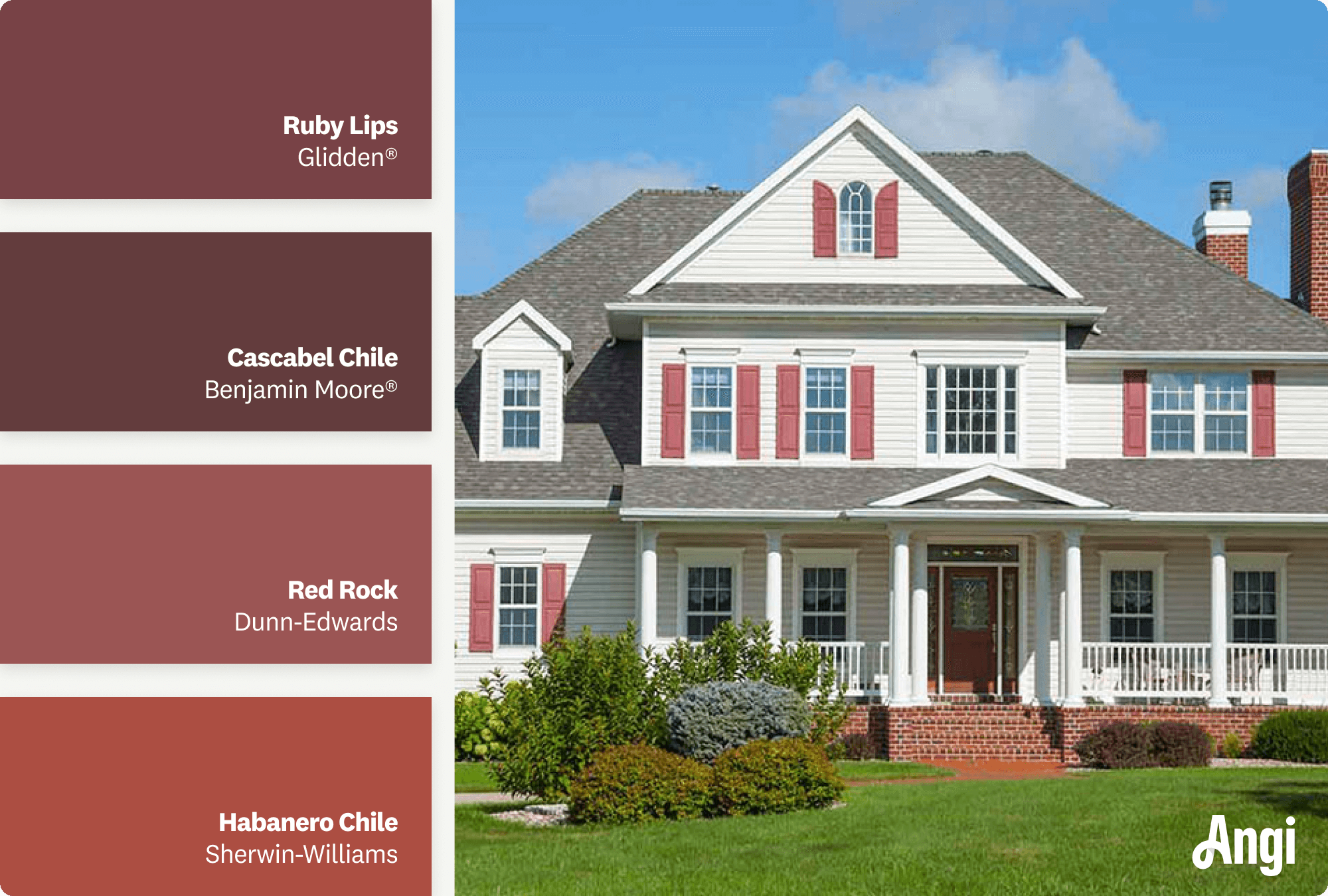 Large home with muted red window shutters, including different tones of red paint