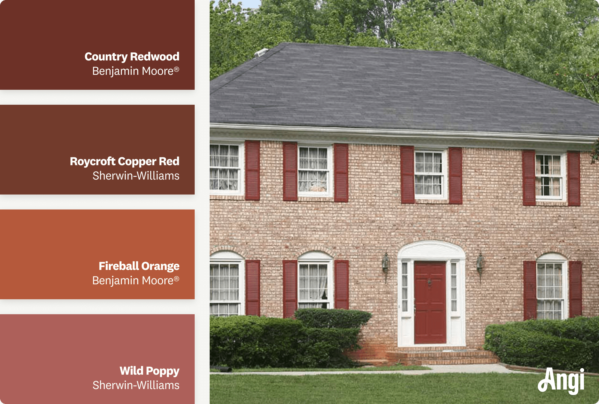 Brick house with red trim including different tones of red paint