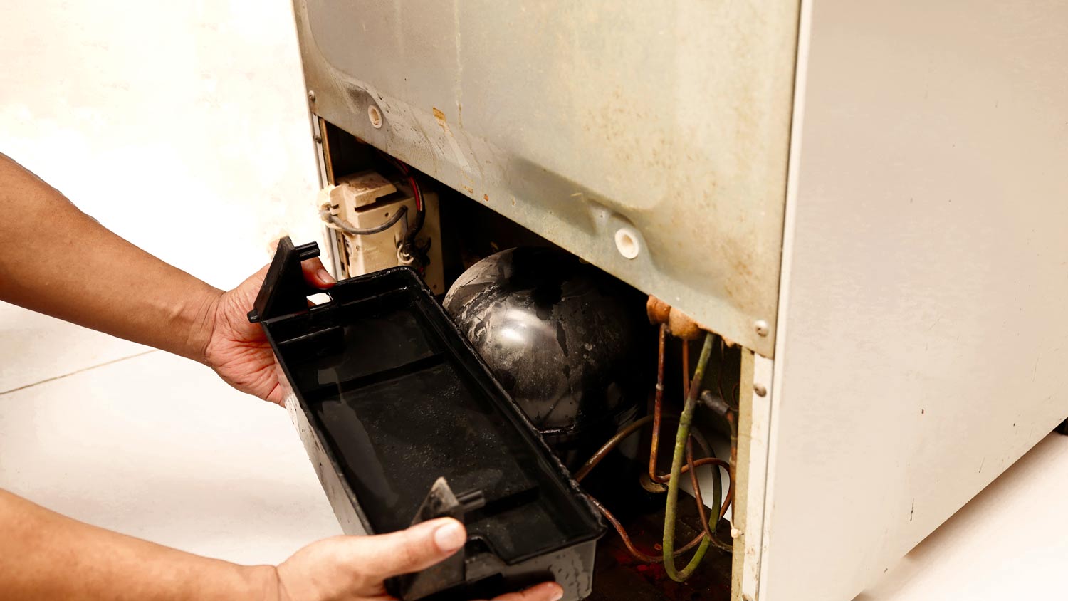 man holding refrigerator drip pan