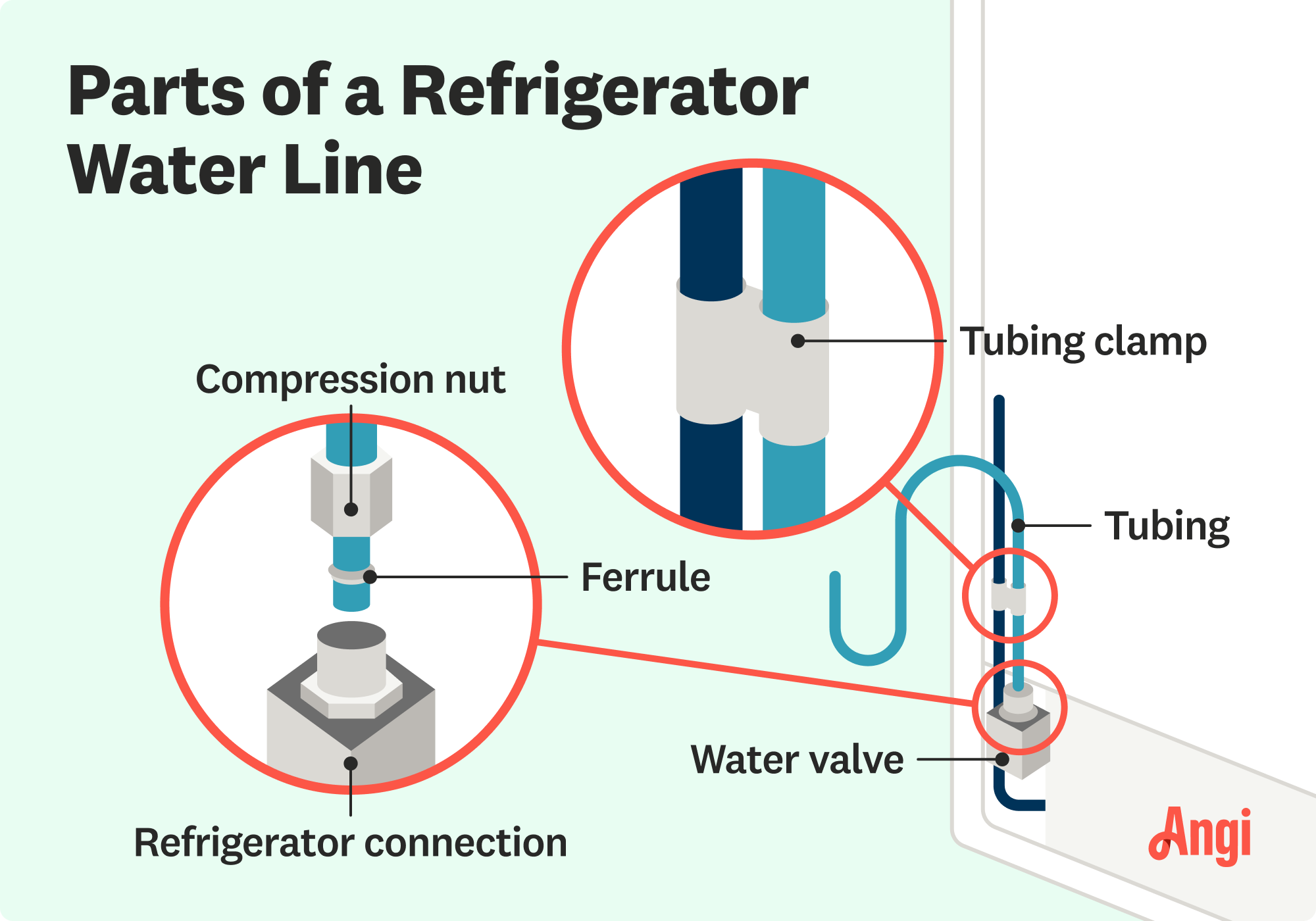 Refrigerator water line parts illustrated, including the water valve, tubing, and ferrule