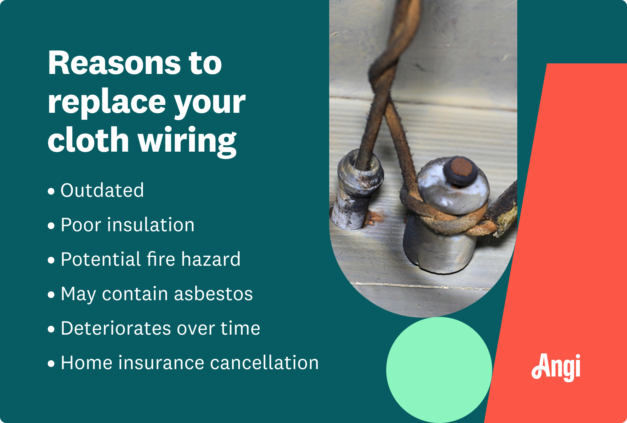 6 reasons to replace cloth wiring, including it is a potential fire hazard and may contain asbestos