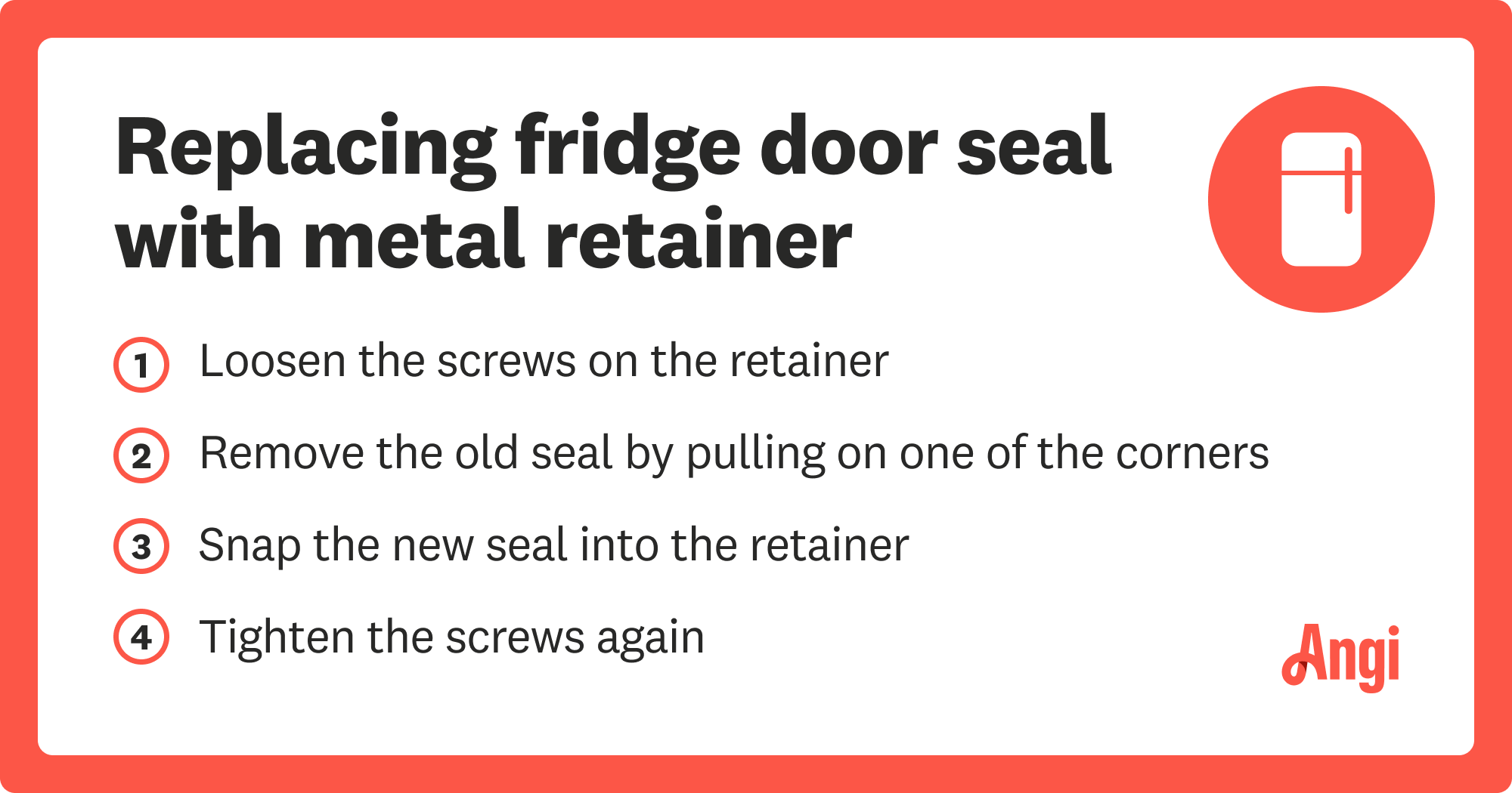 4 steps to replace a refrigerator door seal with a metal retainer, including removing the old seal by pulling on one of the corners