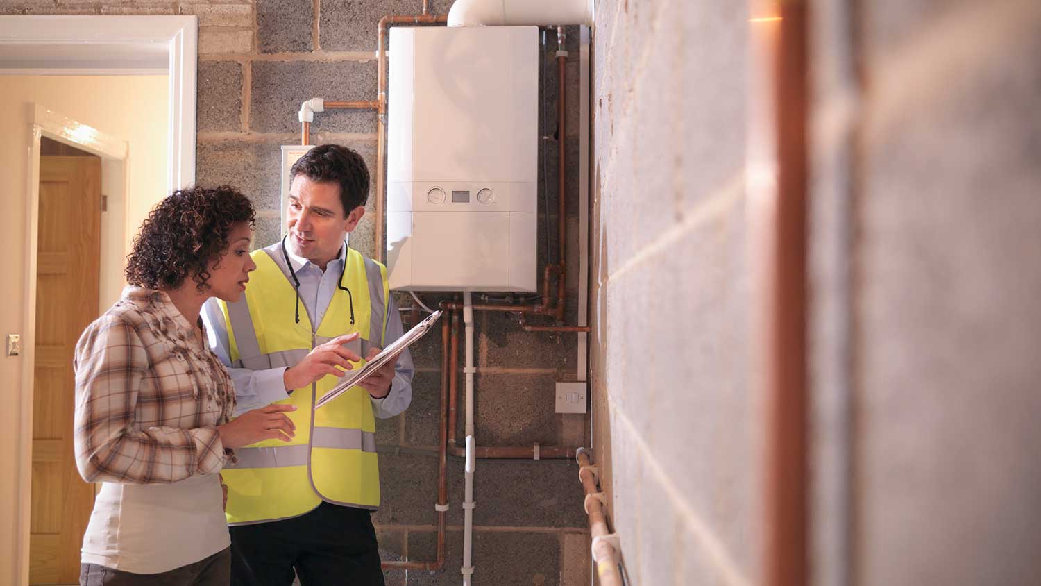 contractor and homeowner looking at boiler