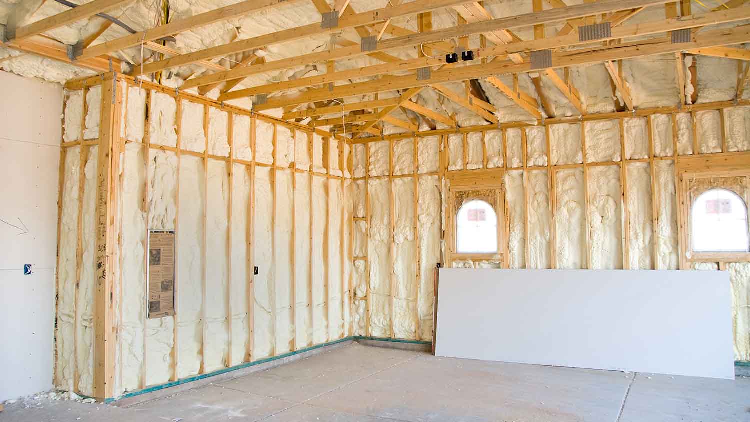 Foam insulation installed in a large garage