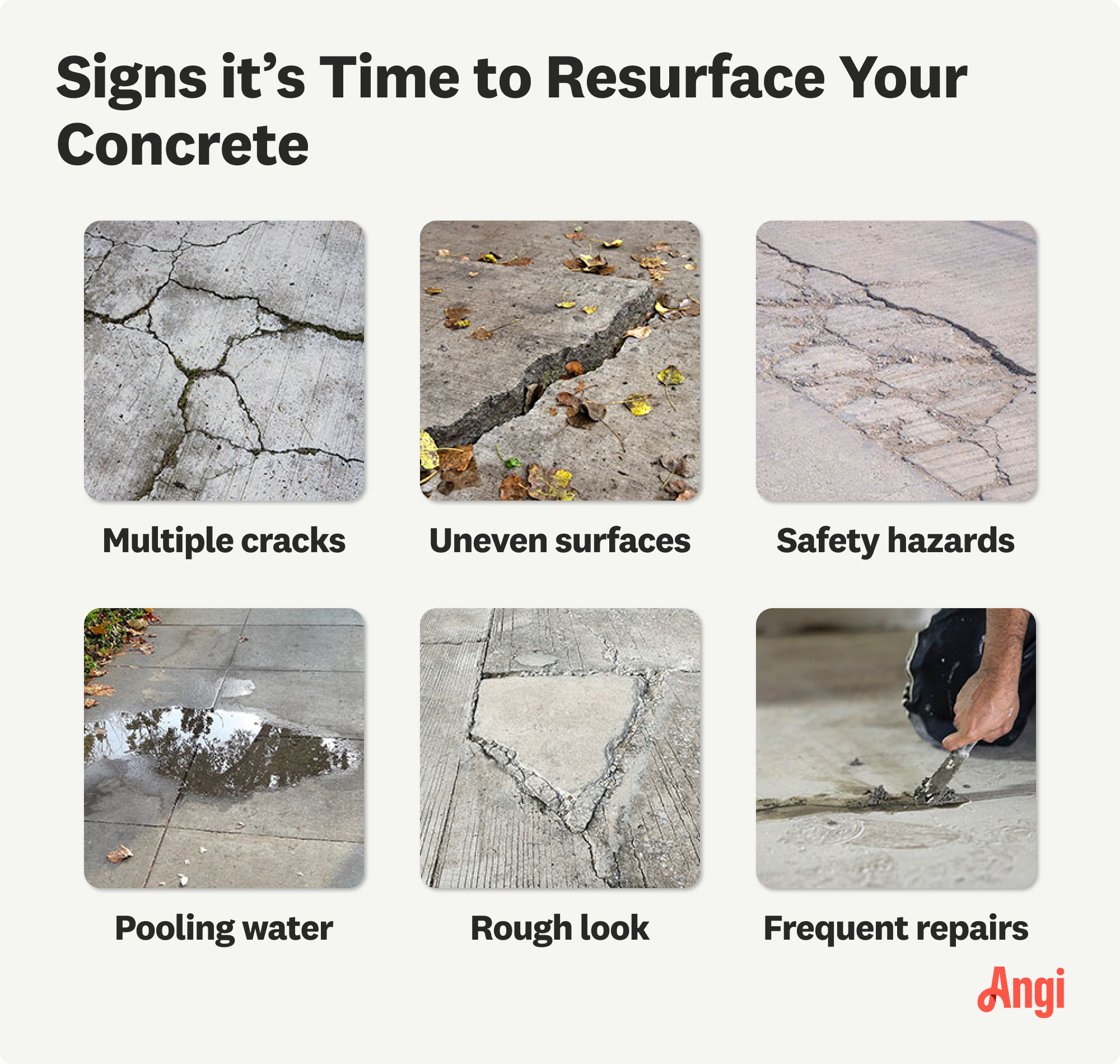 6 signs your concrete needs resurfacing compared visually, including multiple cracks and uneven surfaces