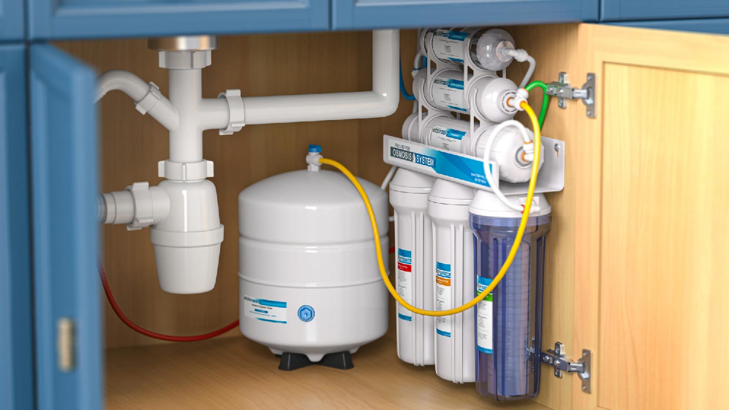 A reverse osmosis water filter in a kitchen cabinet