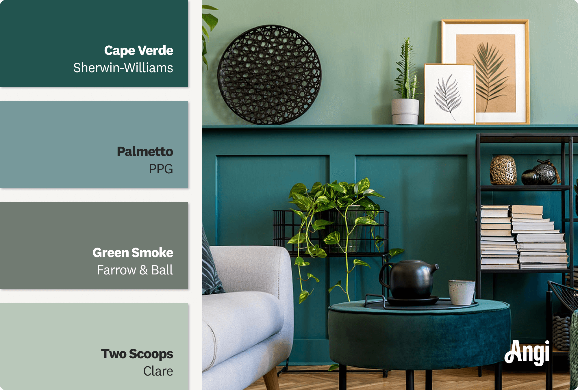 Luxury green living room, including different tones of rich green paint