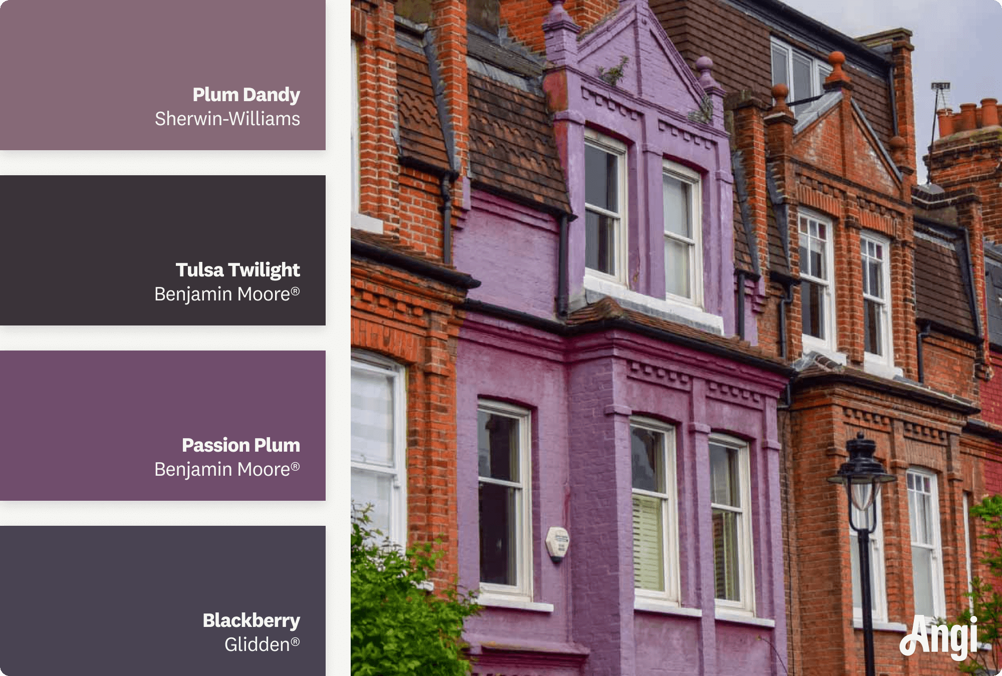 Purple brick home, including different tones of rich purple paint