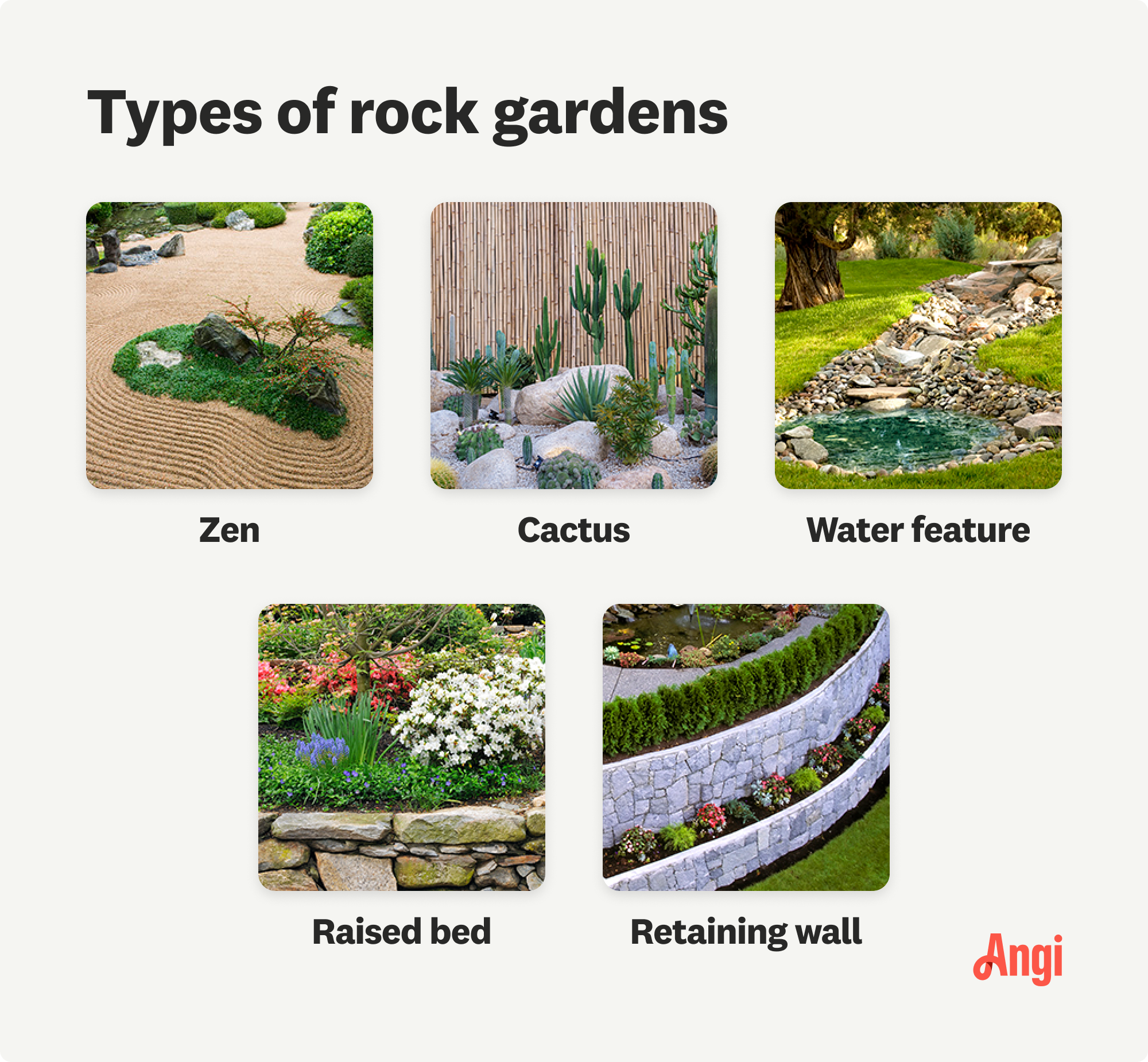 5 rock garden types compared visually, including zen, cactus, and raised gardens