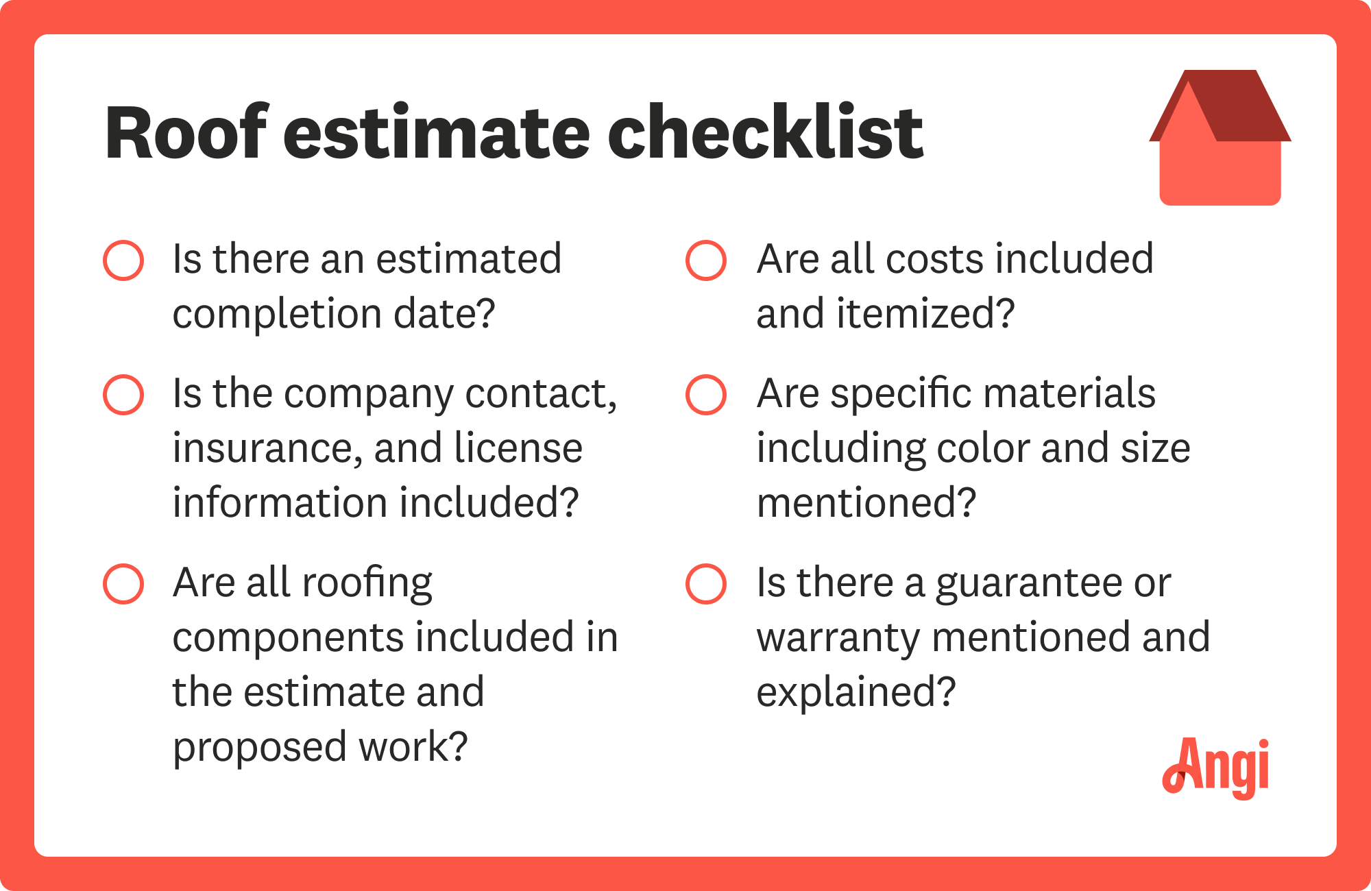 Roof estimate checklist, including asking if all costs are included and itemized