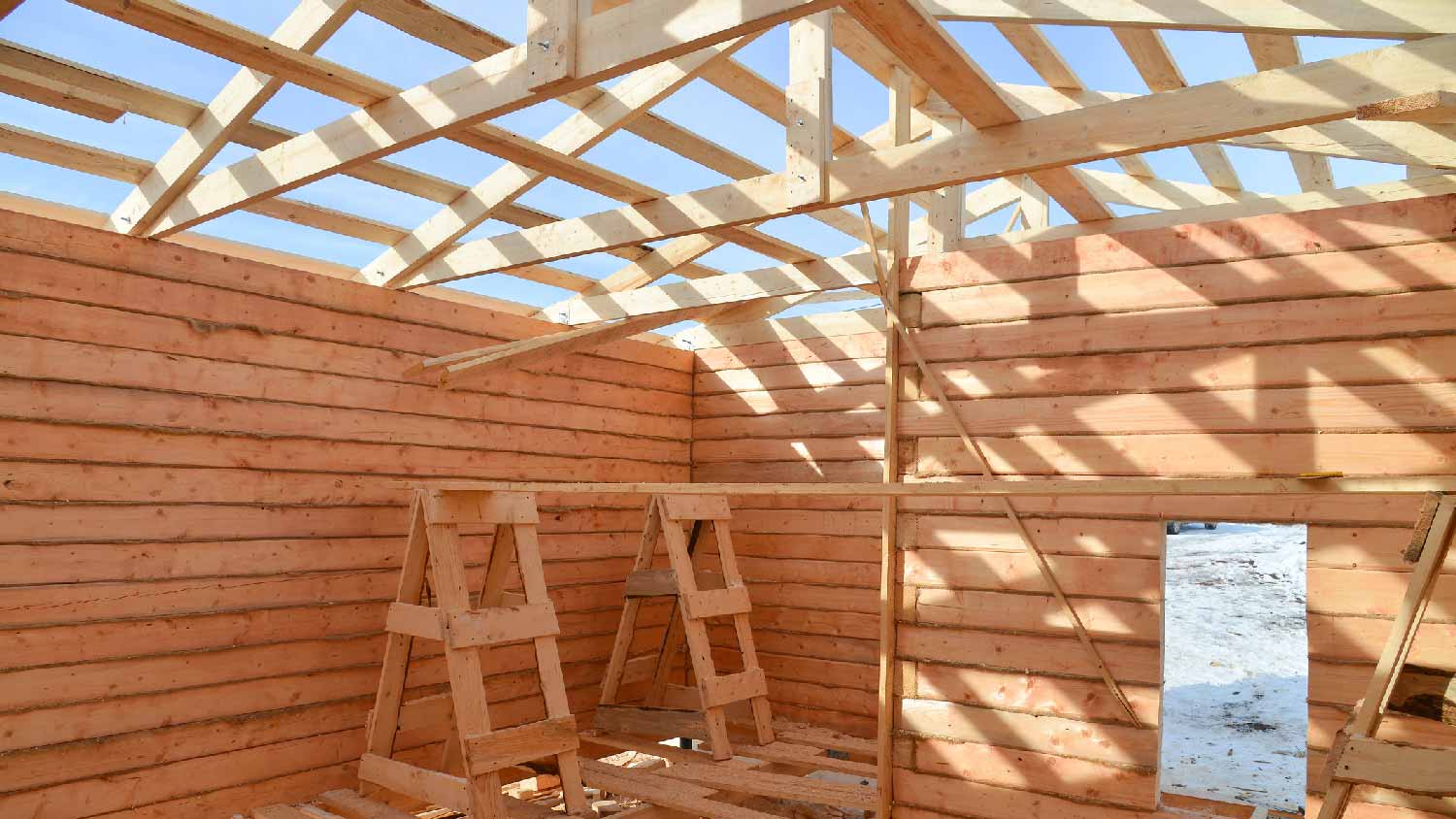 A roof frame from the interior of a house