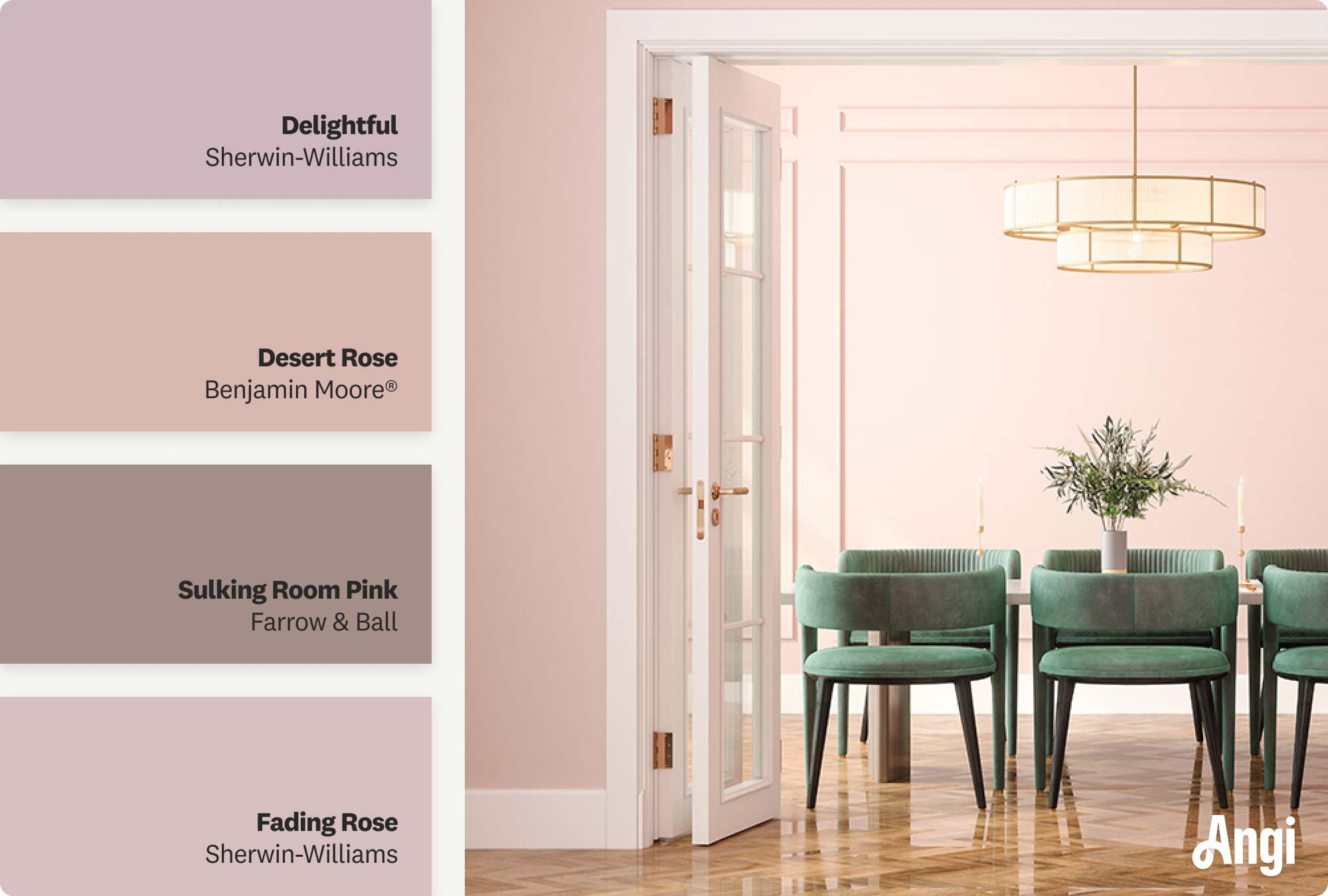 Dining room with rose walls and white trim, including different tones of rose paint