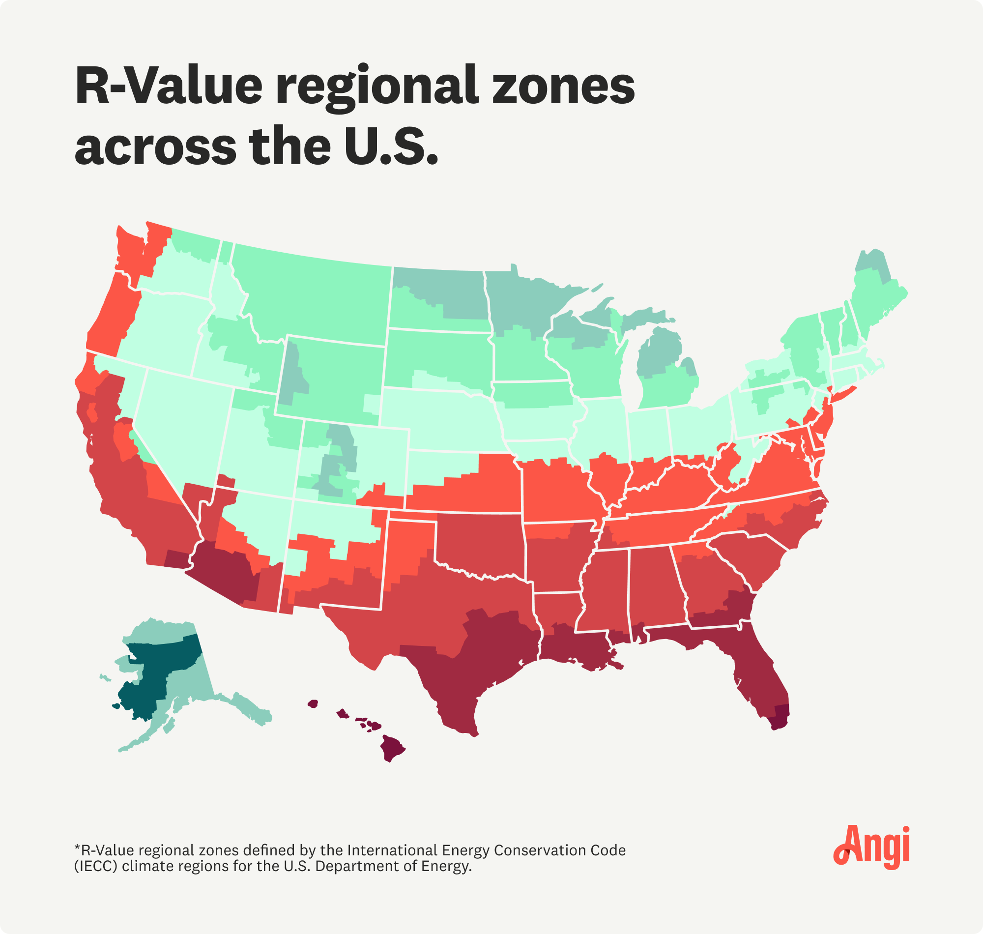 Illustrated R-Value zone map of the United States, depicting zones 1 through 8 in color