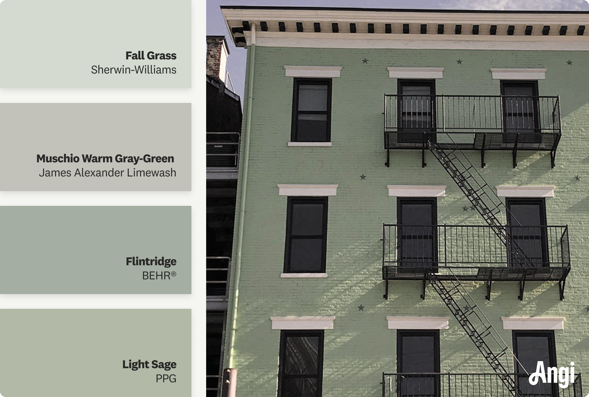 Sage green brick building with metal fire escape, including different tones of sage green stain