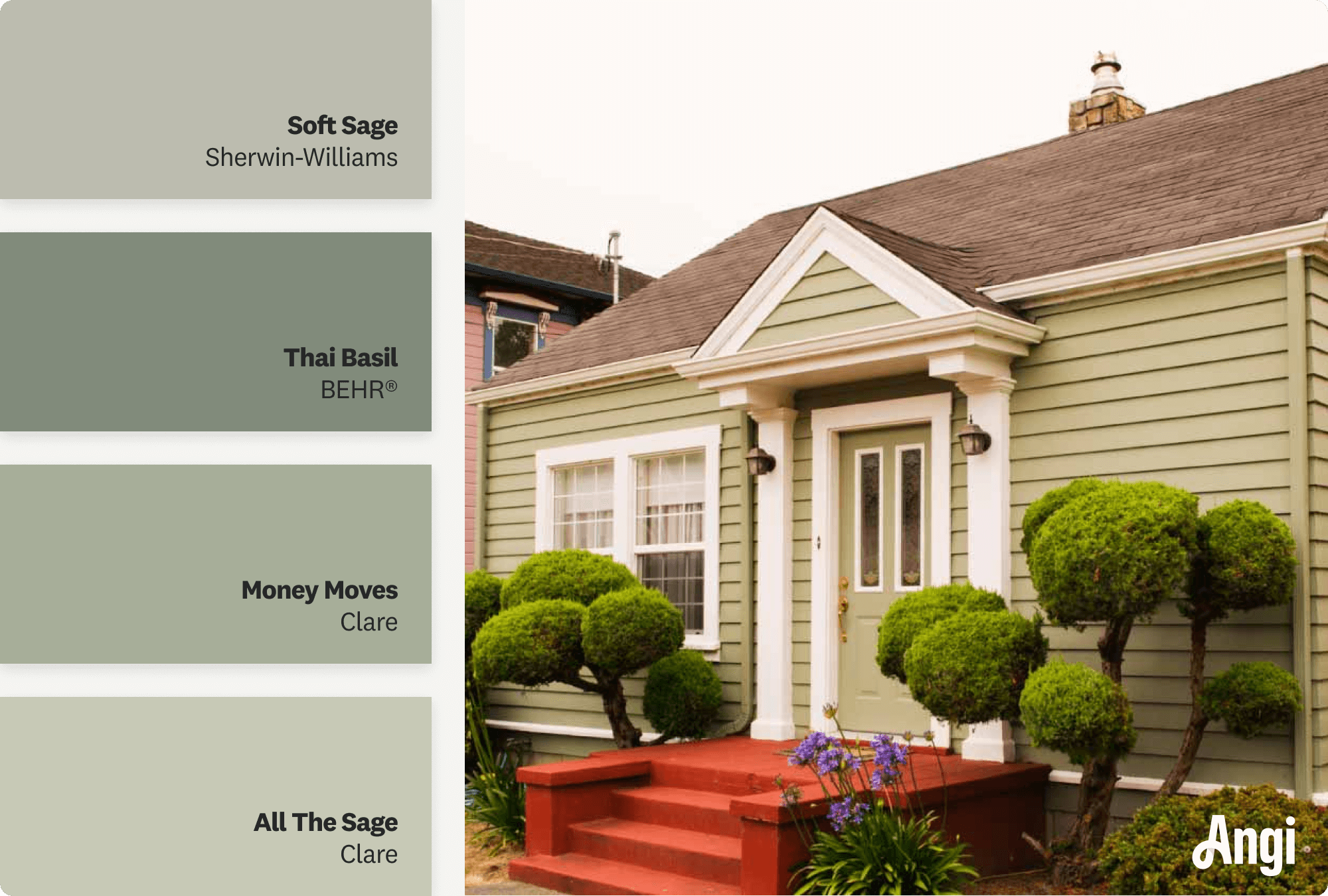 Sage house with brown roof, including different tones of sage paint