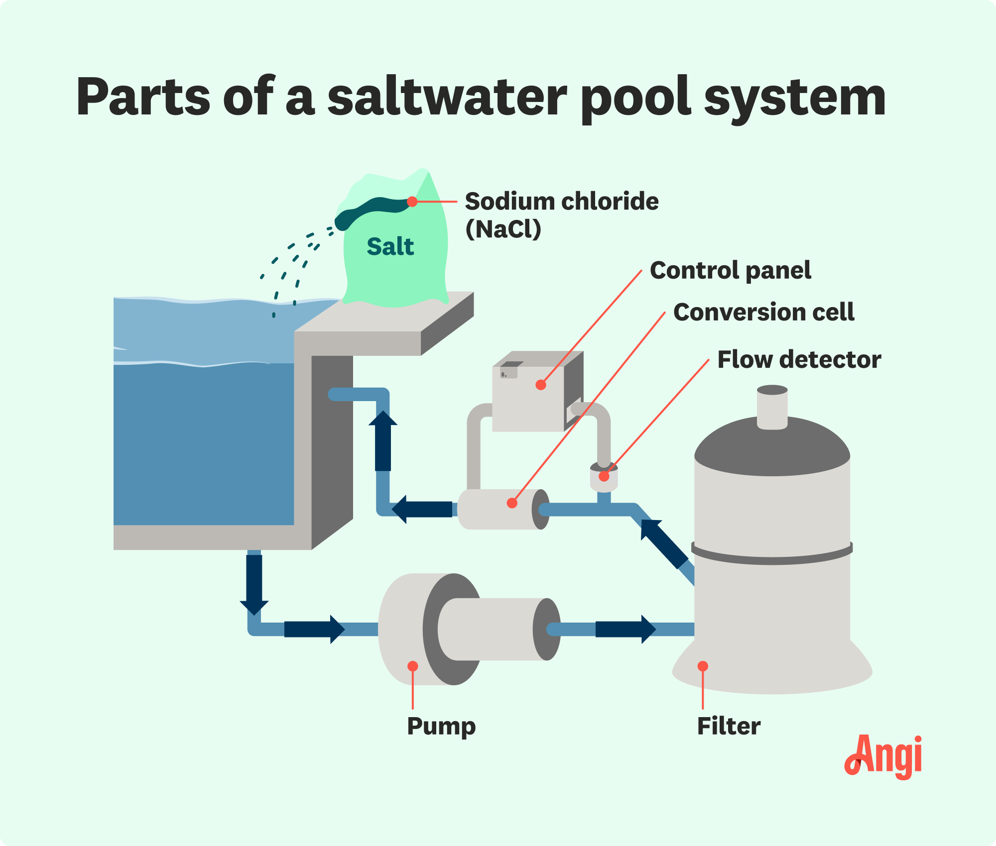 Saltwater pool system parts illustrated, including the control panel, flow detector, and pump