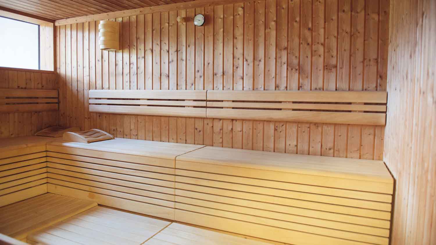 Large sauna room interior with a window