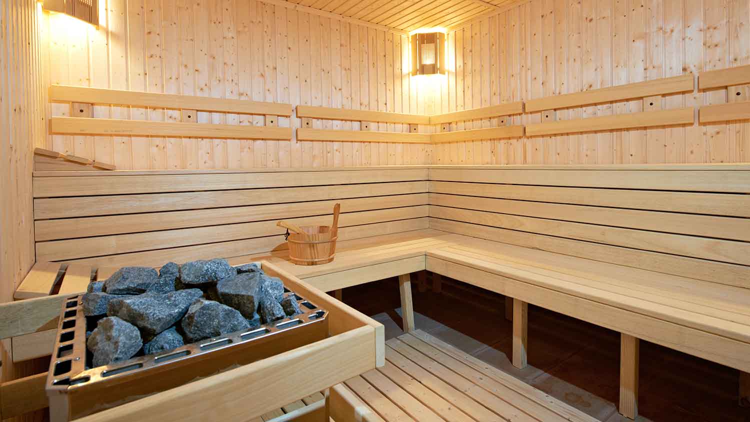 Interior of a sauna with electric heater